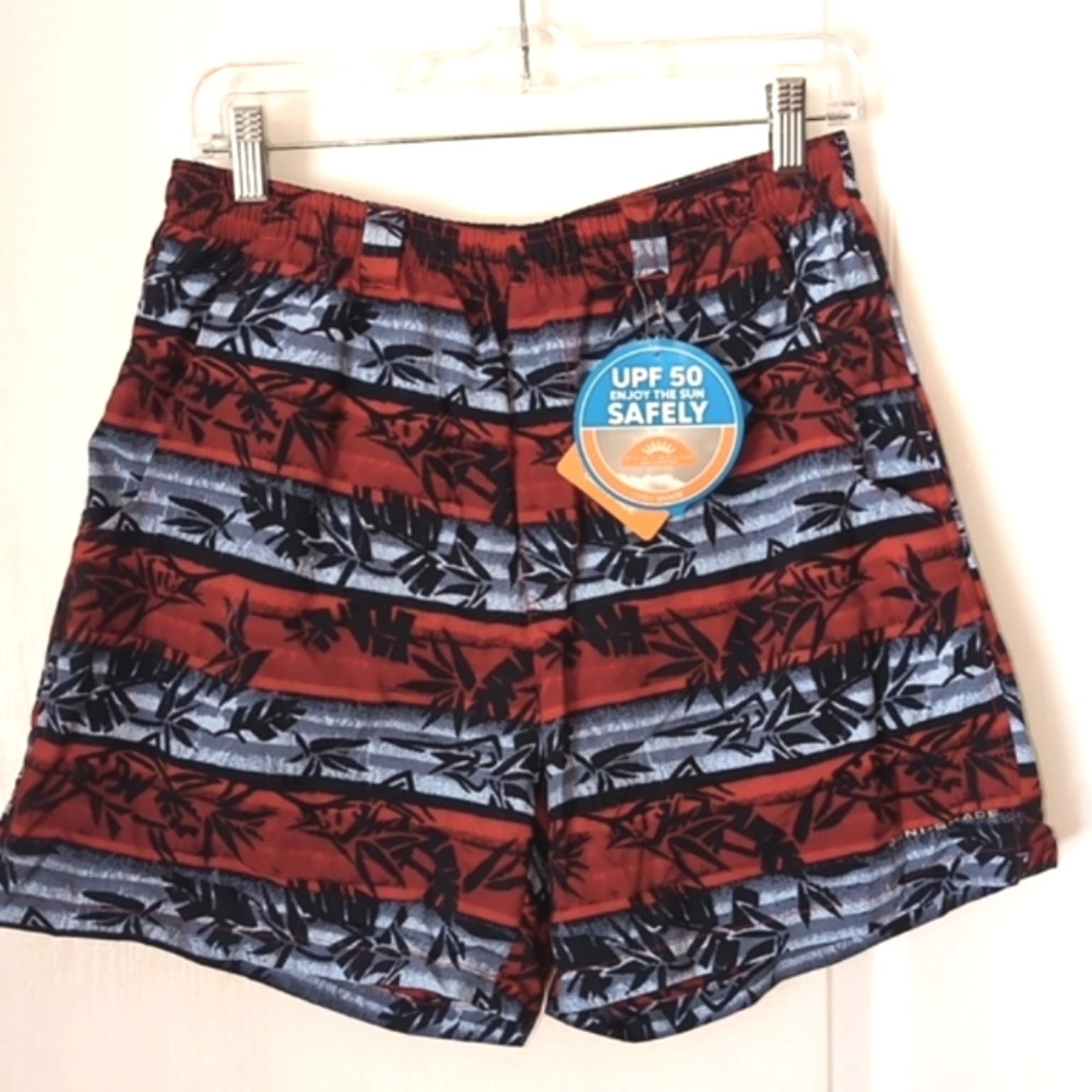 NWT  Columbia Swim Trunks. PFG Omni-Shade UPF 50. Sz small. Red/Gray. Tropical